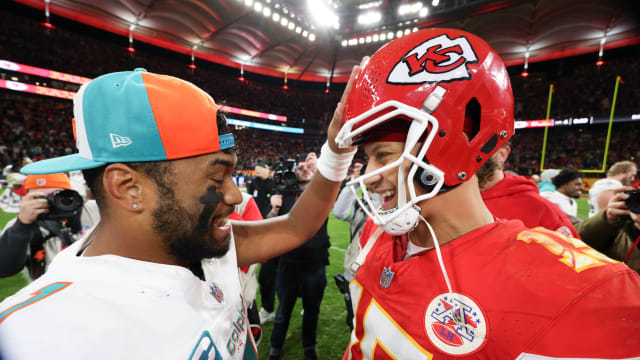 Kansas City Chiefs quarterback Patrick Mahomes greets Miami Dolphins quarterback Tua Tagovailoa after an NFL International Series game at Deutsche Bank Park.